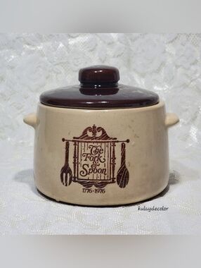 Vintage West Bend Stoneware Bean Pot Crock with Lid 1776–1976 Fork & Spoon